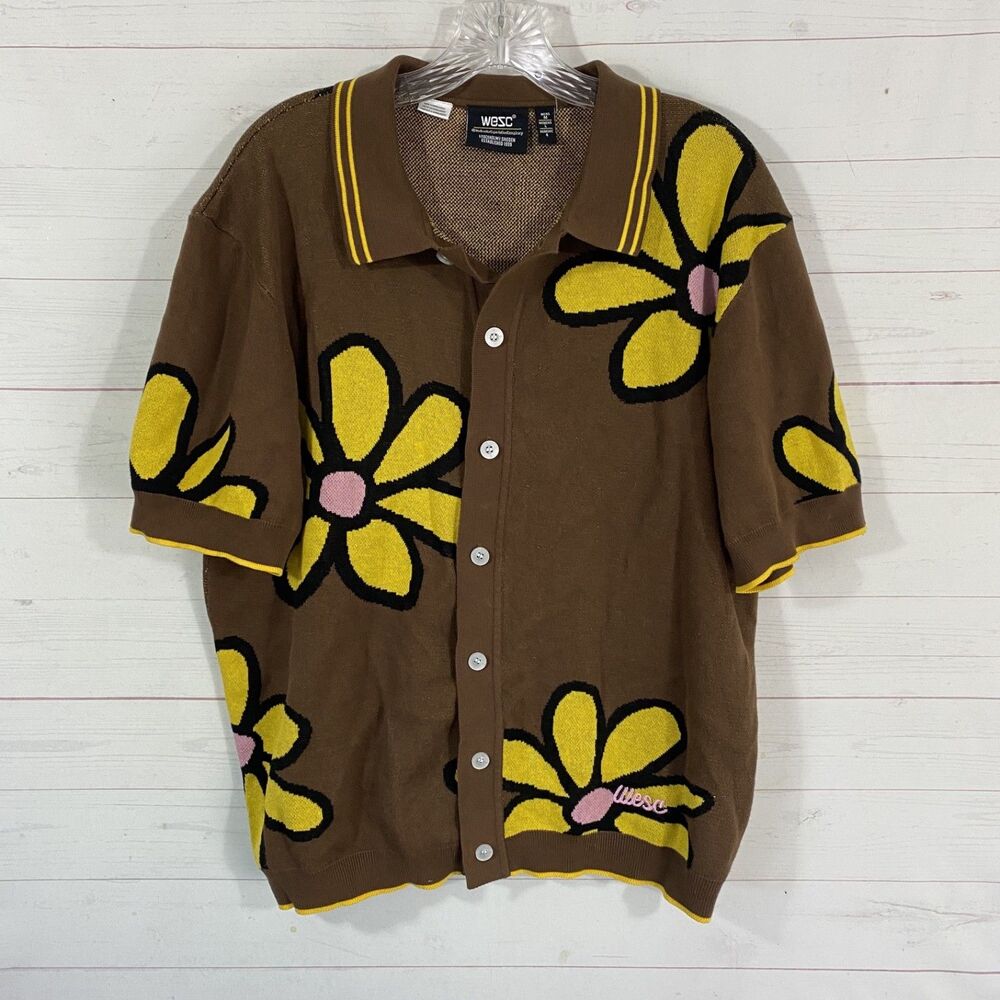 WESC Unisex Tipped Daisy Print Polo Cardigan Mens M/Womens L Brown Short Sleeve
